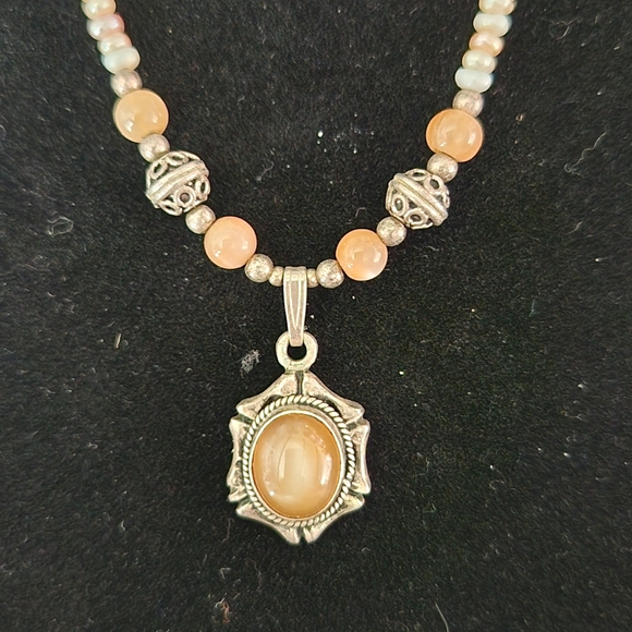 Peach Apricot Quartz Beaded Necklace with Sterling Silver 16" Pendant - Picture 2 of 5